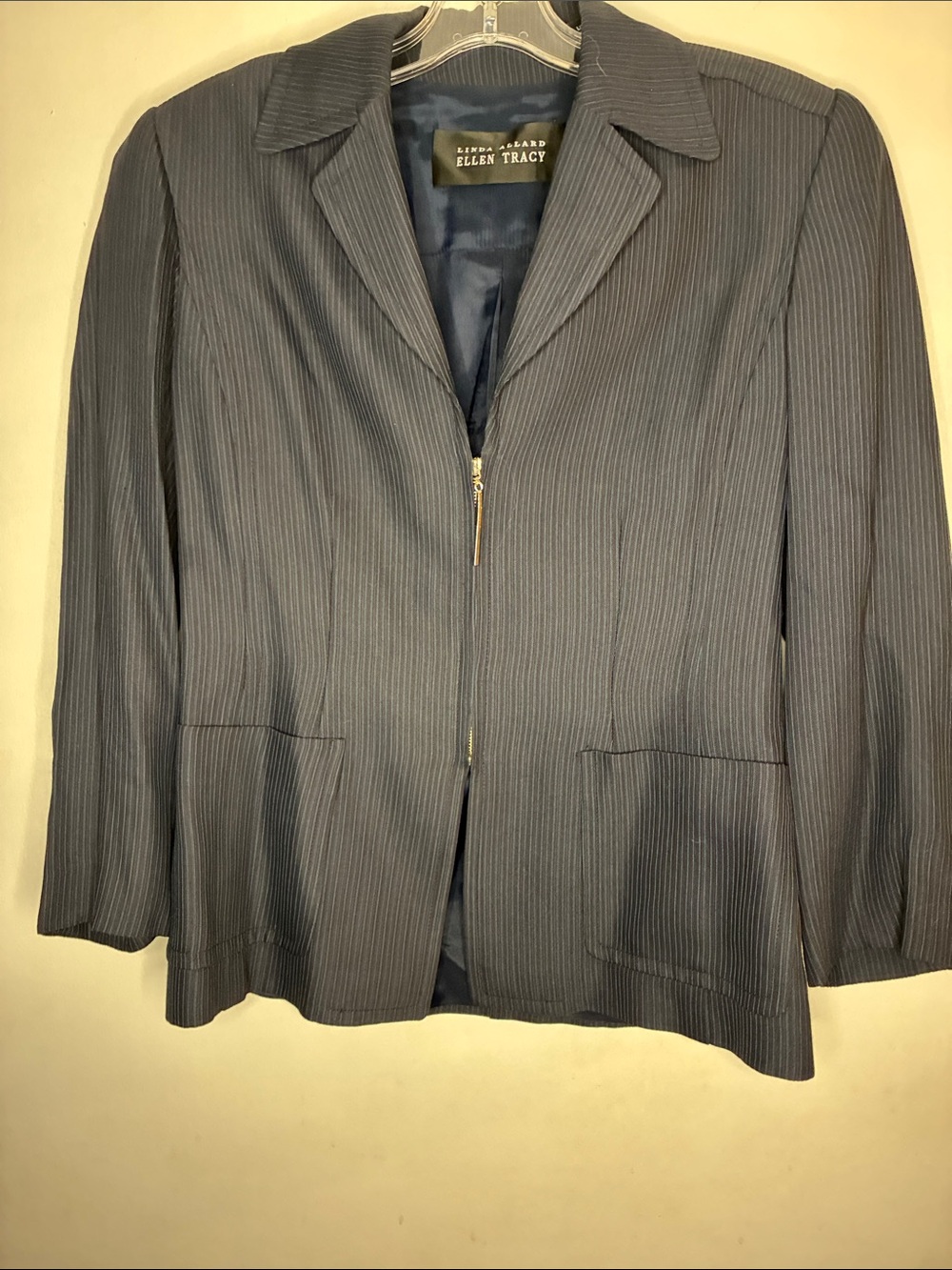 Ellen Tracy Navy Pinstripe Zip-Front Blazer